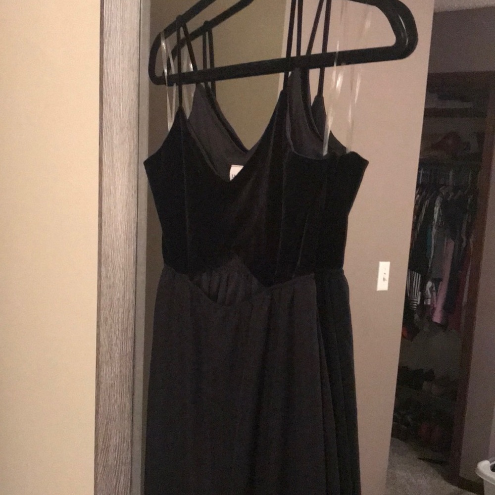 Long black dress with crushed velvet top